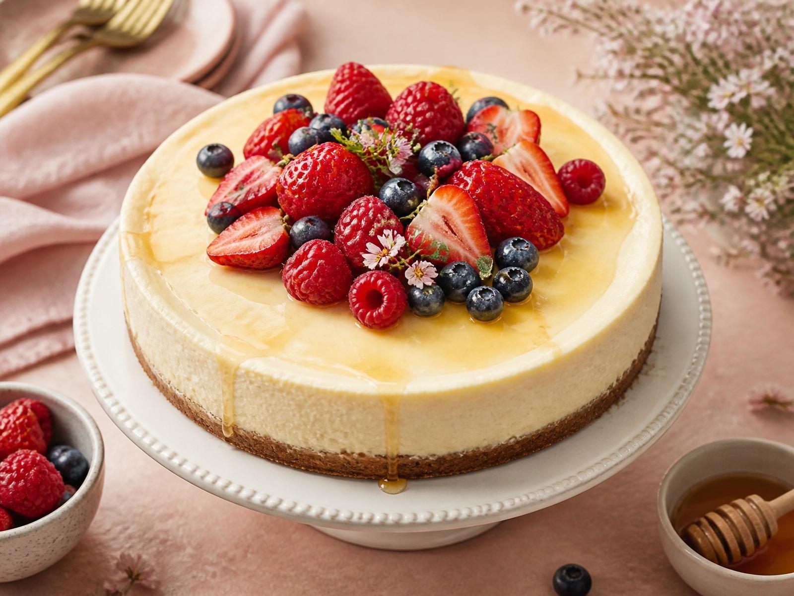 Homemade New York style cheesecake topped with fresh berries and honey drizzle on a pale pink surface